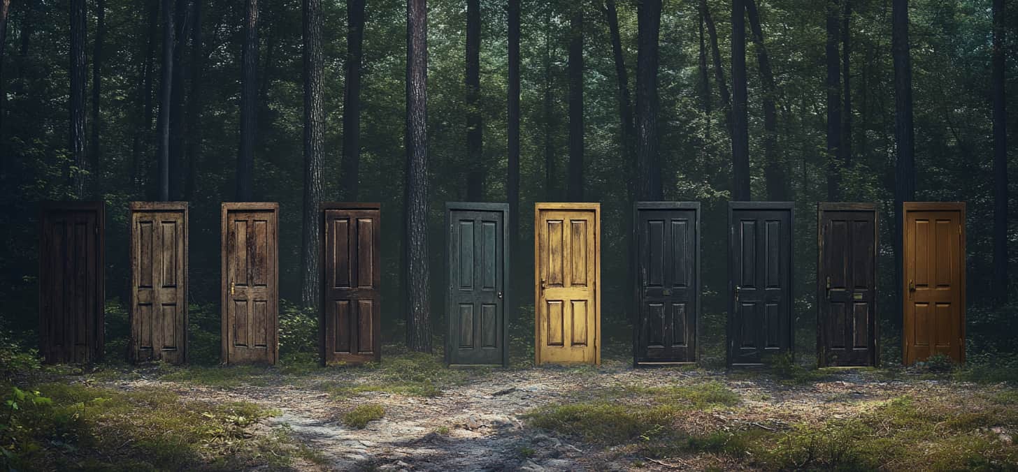 10 doors in a dark wood are ominous to illustrate the topic of 10 most addictive drugs.