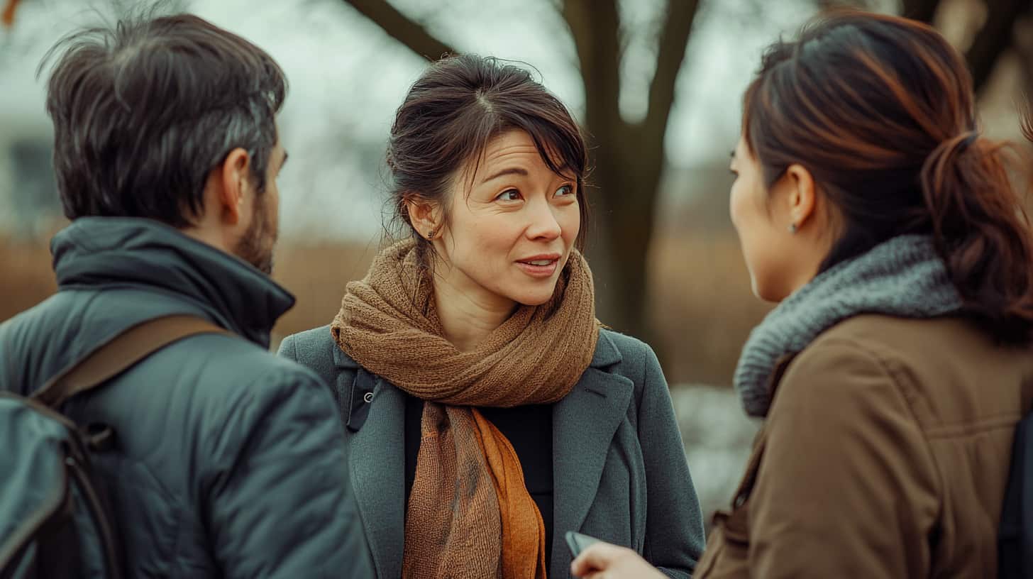 Two friends talk to a woman in a natural setting about getting outpatient treatment for polysubstance abuse.