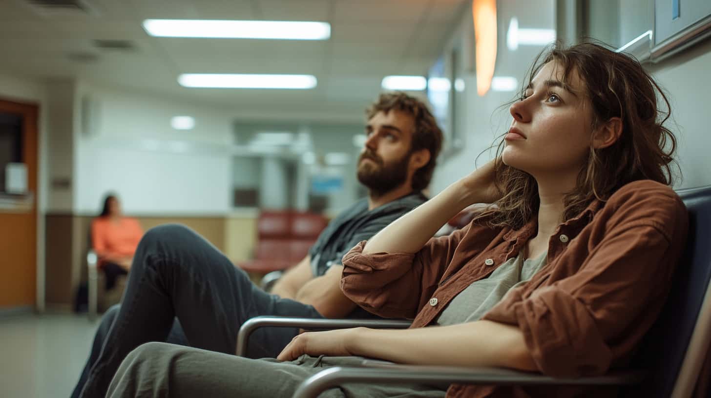 Couple sits in an emergency room contemplating the long-term effects of alcohol use.