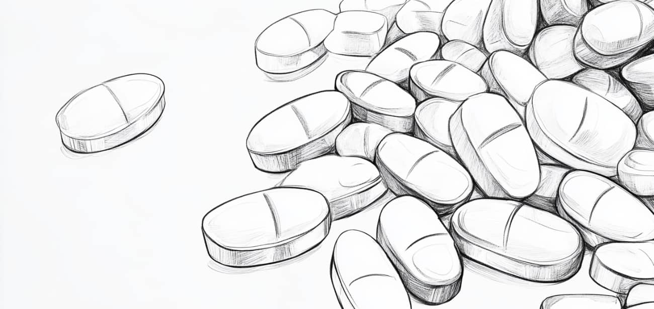 Pen on paper sketch drawing of various pills to represent a list of Benzodiazepines.