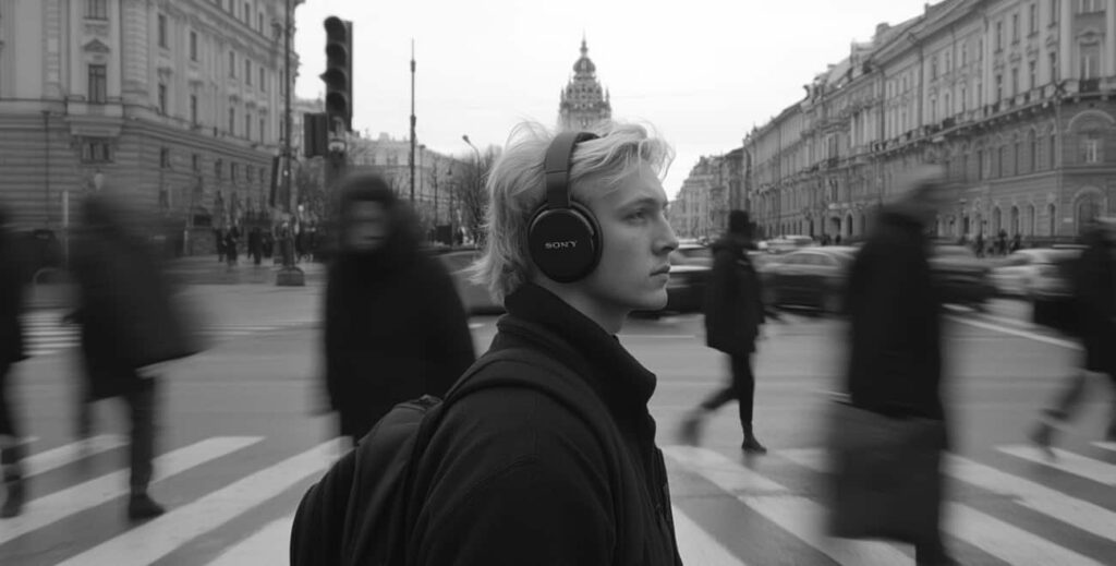 Black and white image of man walking in the city with headphones on wondering "what is cocaine laced with?"