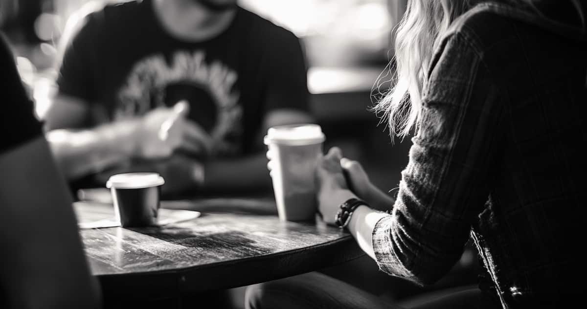 Group of people in outpatient rehab sitting at a table considering sober living.