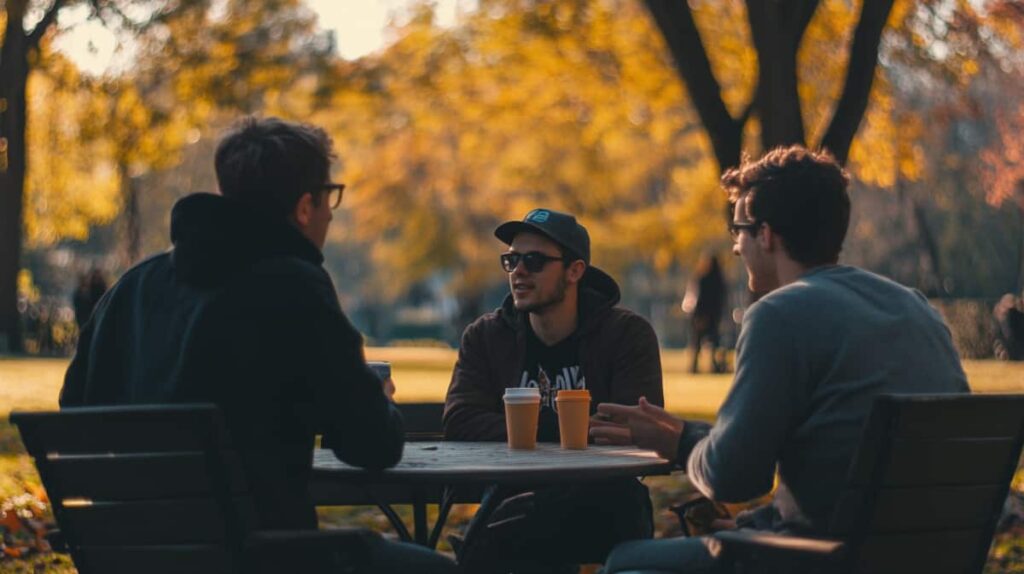 Young men sit at a park sipping coffee under the trees chatting about sober living with outpatient rehab.