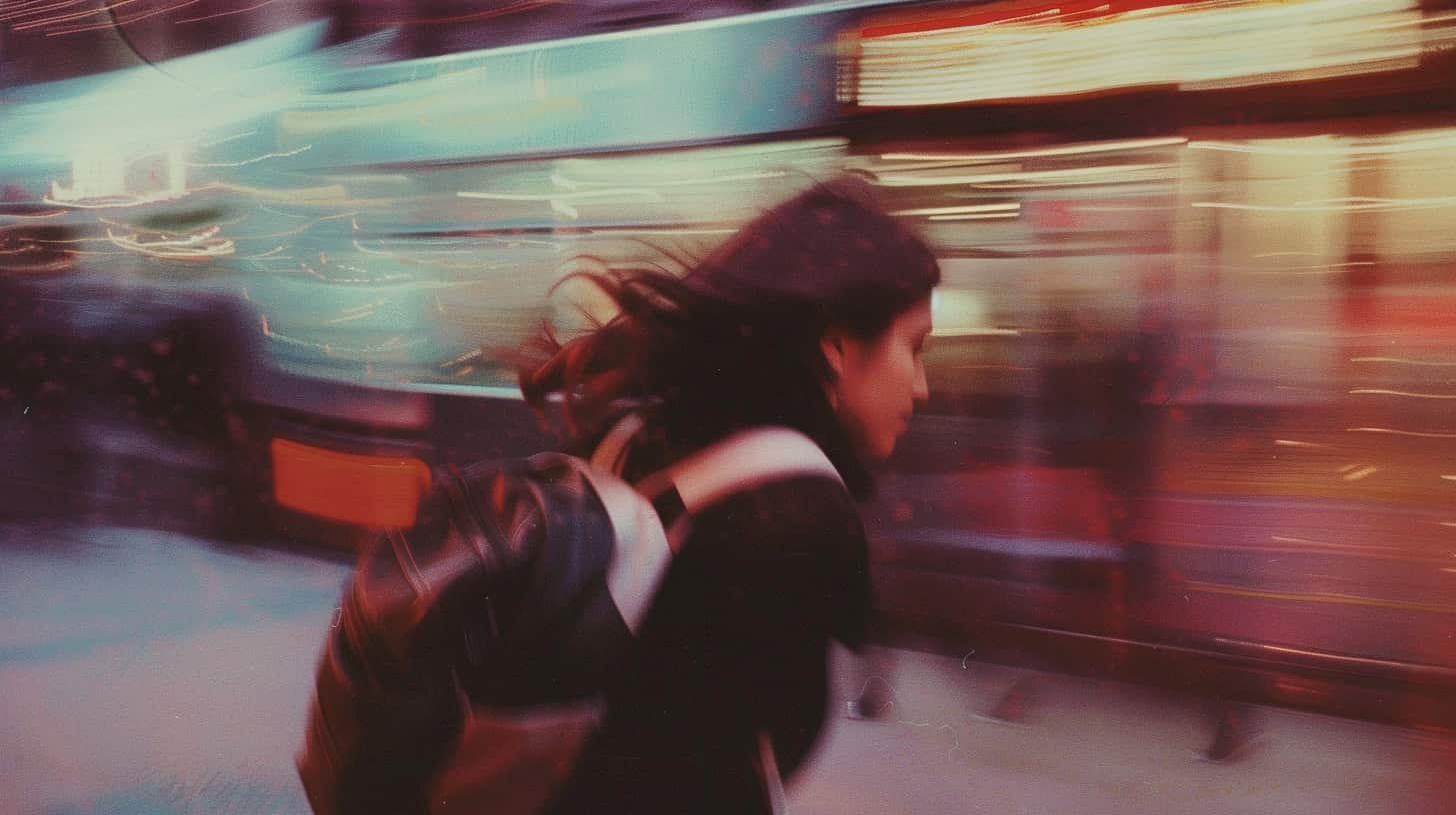 Woman in a train station showing strange effects of using the drug k18.