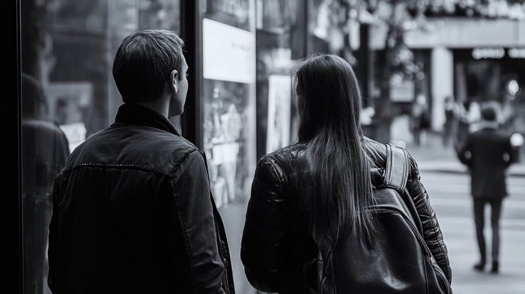 Man and woman walk down a city street, black and white image of a pressed pill street deal. 