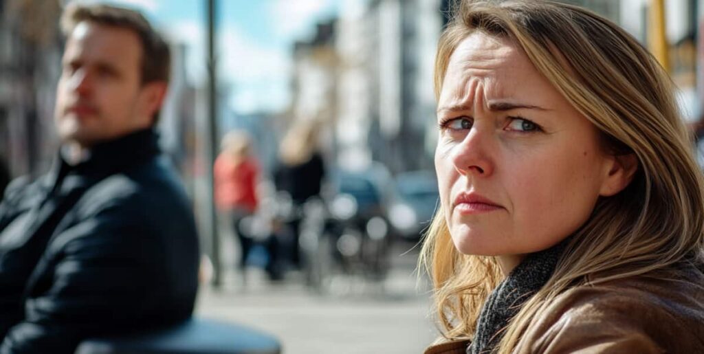 Woman sits on a bench in the city and looks back as if she forgot something due to wet brain. 